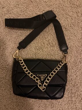 Black Quilted Leather Crossbody Bag with Gold Chain